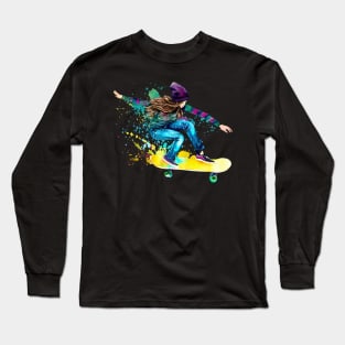 Skateboarder Watercolor Skate Skater Girl Skating Boarder Long Sleeve T-Shirt